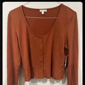 Abound Long Sleeve Button-Front Scoop Neck Cropped Top Orange  M